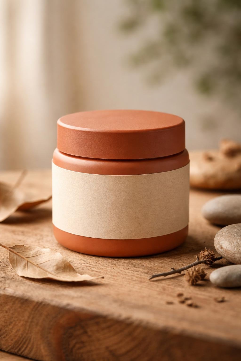 A terracotta-colored jar with a textured cap and an earthy label sits on a wooden surface surrounded by natural elements like dried leaves and stones.