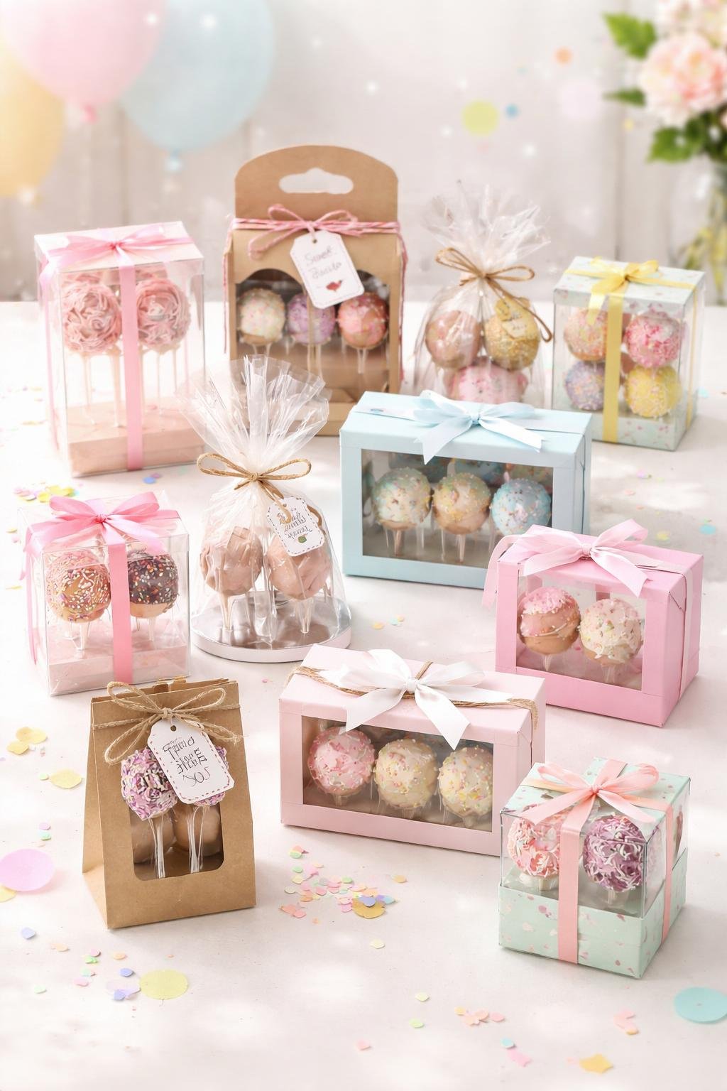 An assortment of eleven different cake pop packaging styles arranged on a table, featuring boxes, bags, and wraps with colorful cake pops inside.