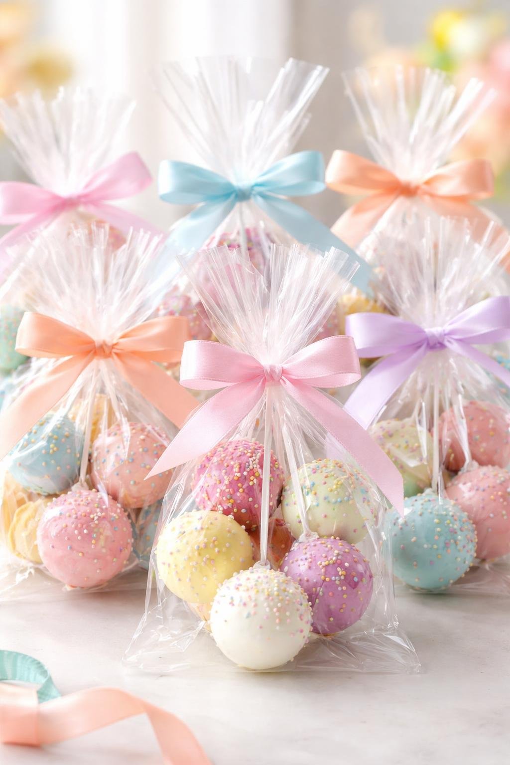 Clear cellophane bags filled with colorful cake pops tied with satin ribbons arranged on a bright surface.