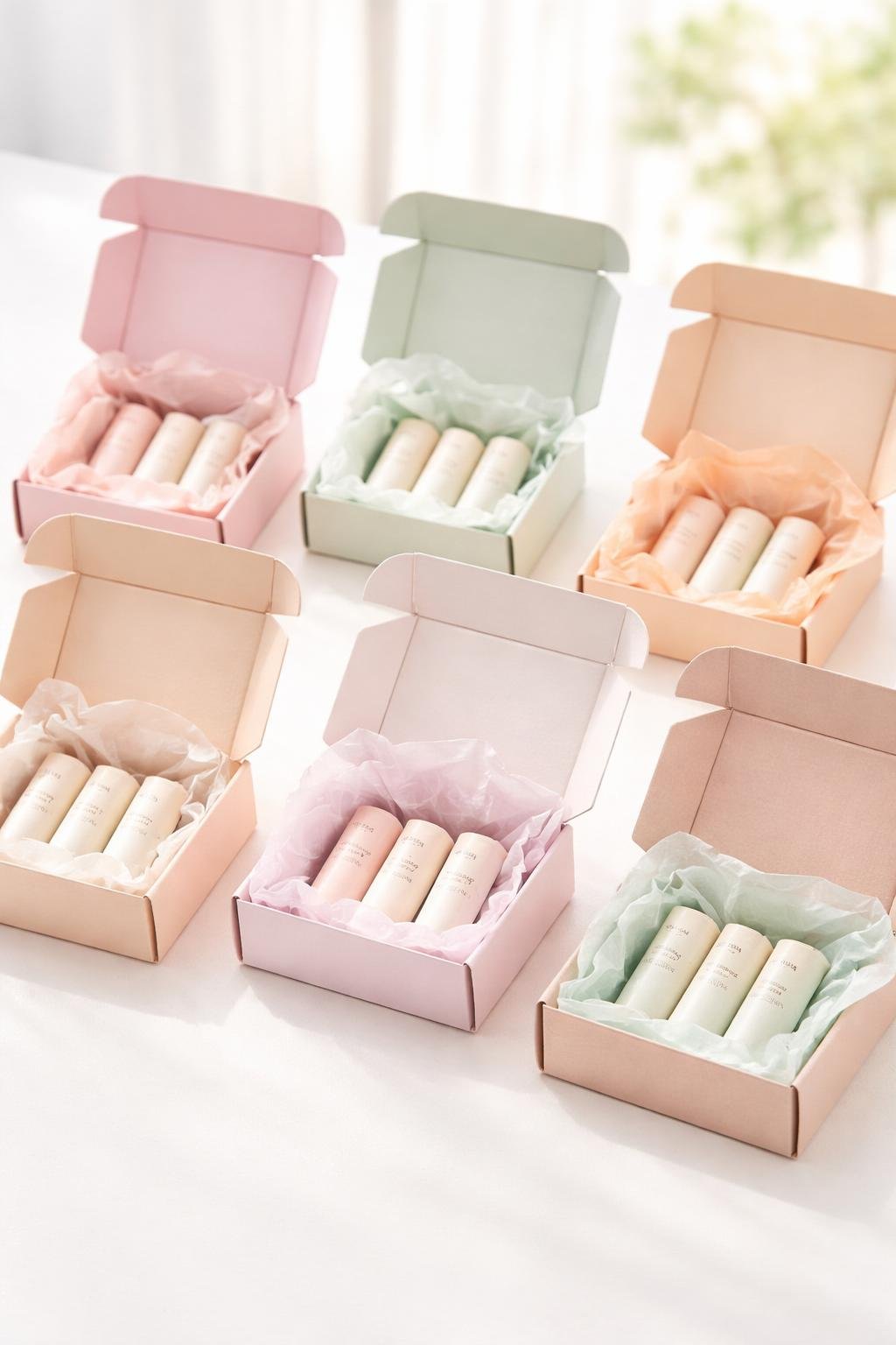 Pastel-colored mailer boxes with tissue paper holding lip balm gift sets arranged on a white surface.