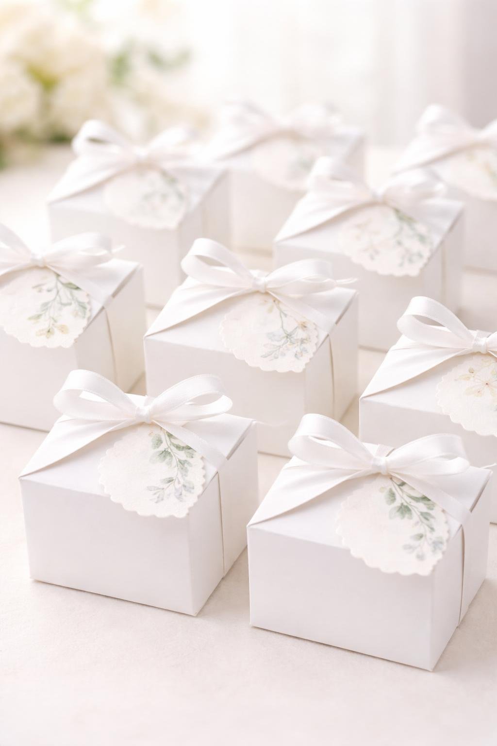 A group of white favor boxes with personalized tags arranged on a light surface, ready for a party.