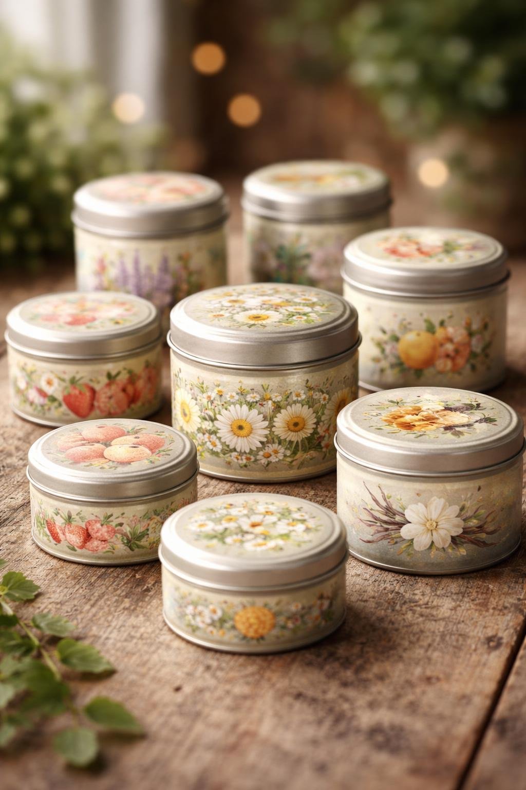 A collection of vintage-style metal pots with illustrated flavor labels arranged on a wooden surface.