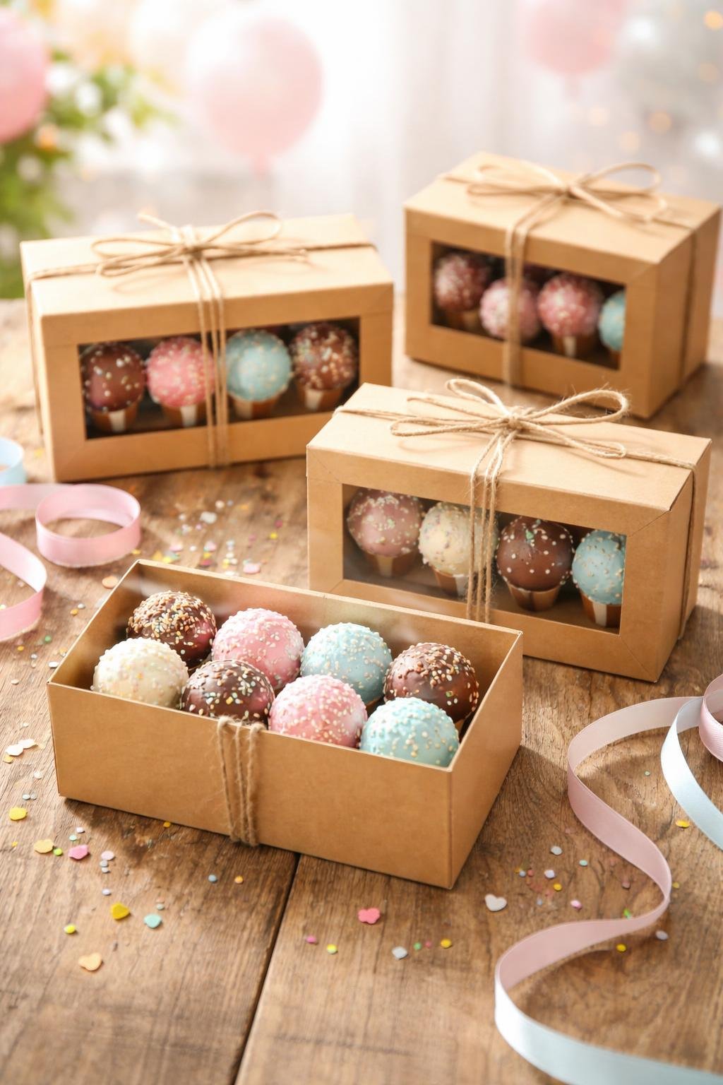 Kraft paper window boxes tied with baker's twine containing colorful cake pops arranged on a wooden table with party decorations.