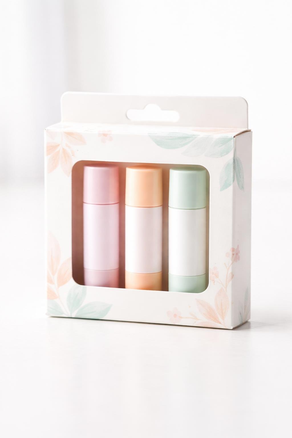 Three lip balm tubes inside a window cutout carton box with soft pastel colors and floral patterns on a white background.