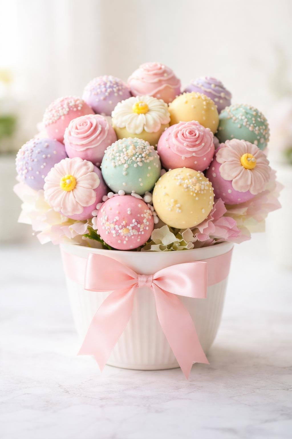 A bouquet of colorful cake pops arranged in a small flower pot on a plain background.