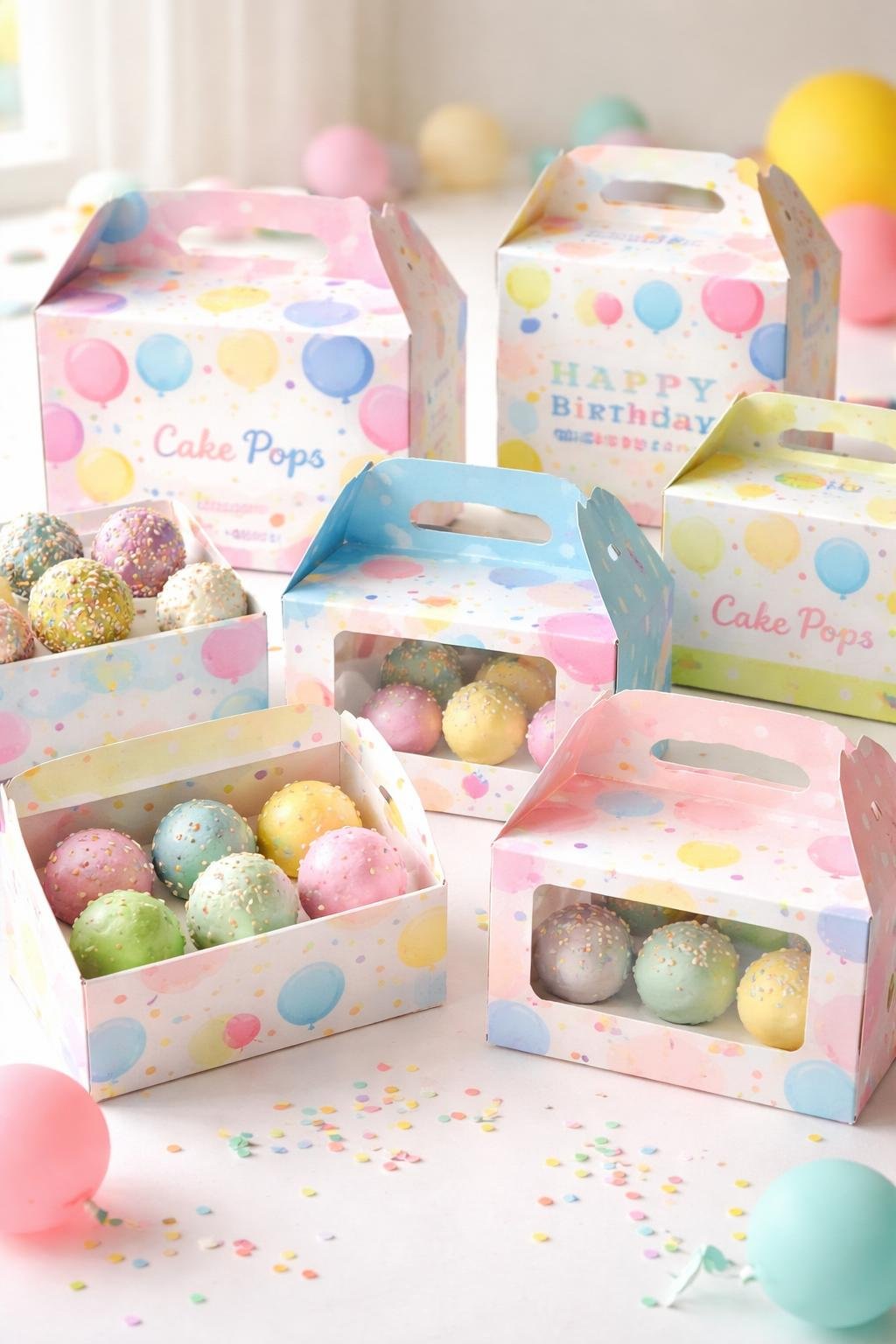 A collection of colorful birthday-themed treat boxes with balloon and confetti prints arranged with cake pops and party decorations.