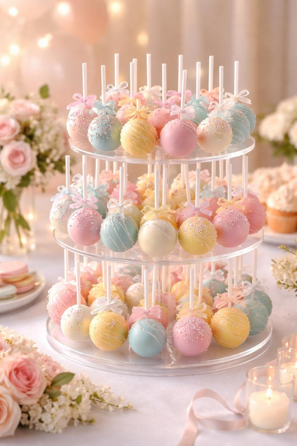 A clear acrylic cake pop stand filled with colorful decorated cake pops on a dessert table surrounded by party decorations.