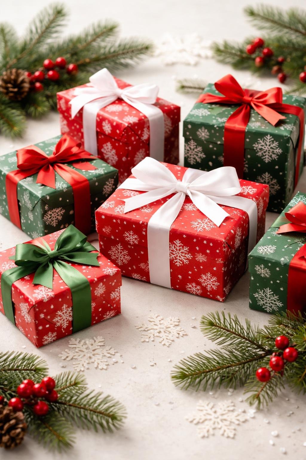 An arrangement of red and green Christmas gift boxes with white snowflake patterns, surrounded by pine branches and holly berries.