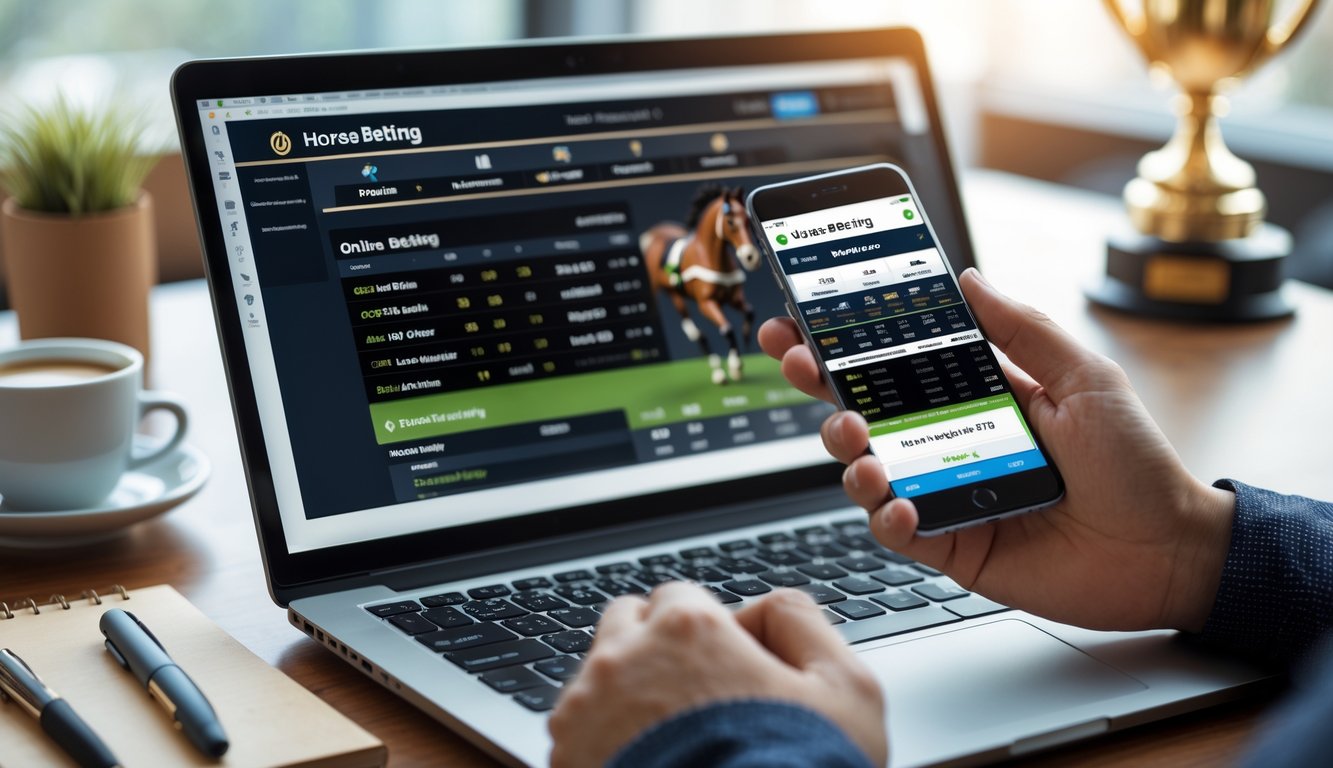 Seseorang menggunakan laptop dan ponsel untuk memasang taruhan judi kuda online di sebuah meja kerja dengan cangkir kopi dan trofi kuda di latar belakang.