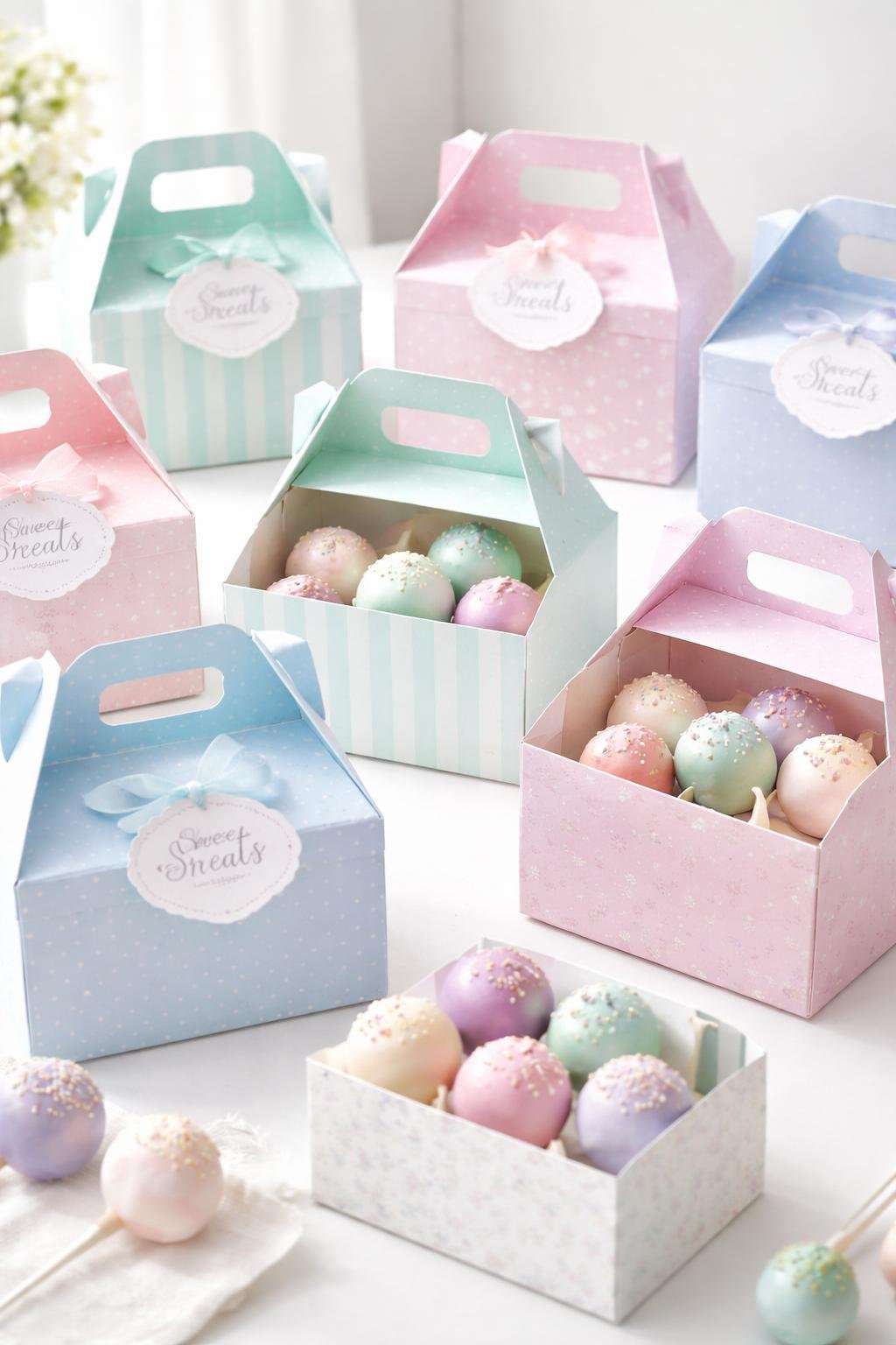 Pastel-colored gable boxes filled with cake pops arranged on a white surface.
