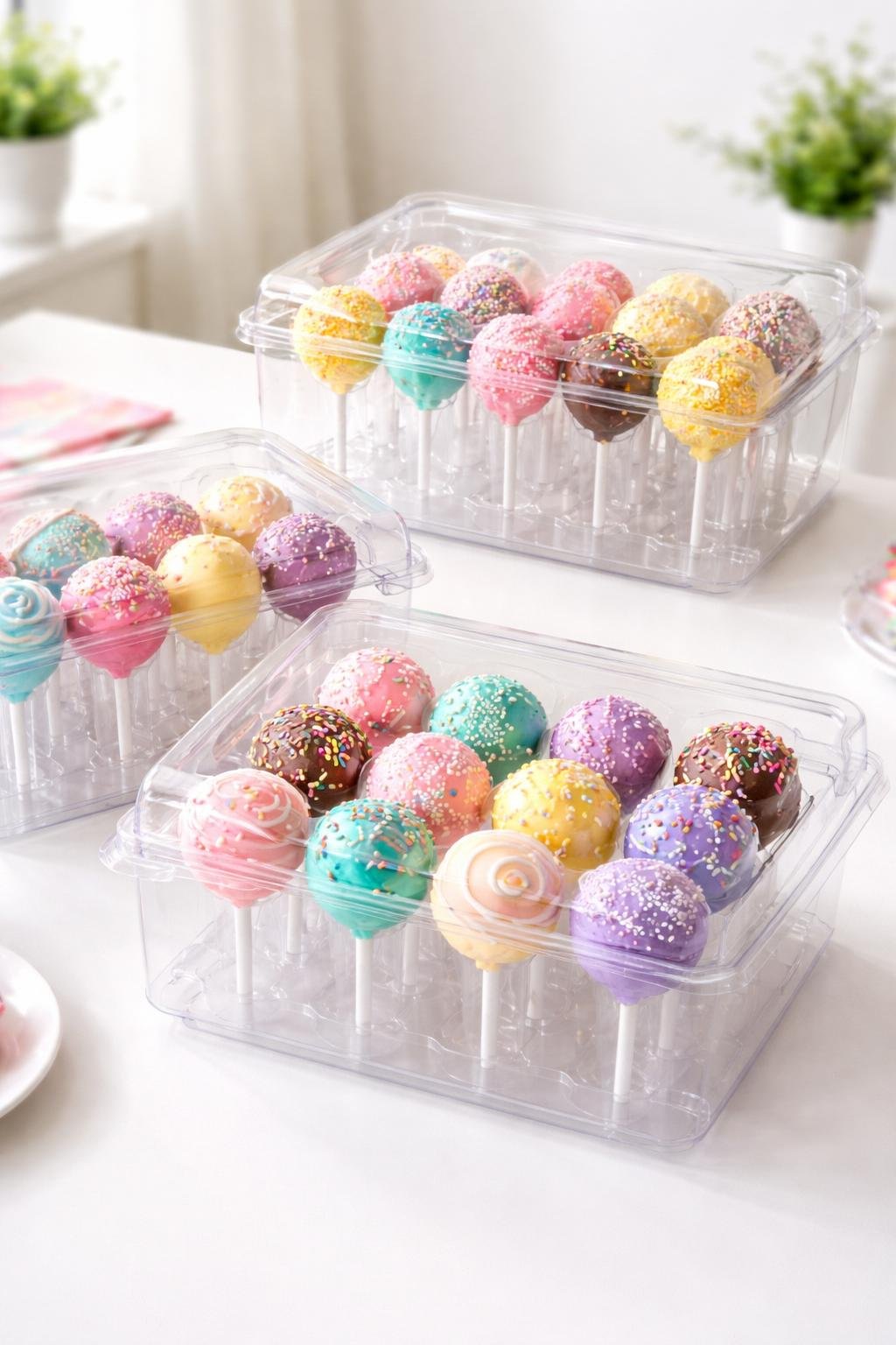 Clear plastic boxes with insert holders containing colorful decorated cake pops arranged on a white surface.