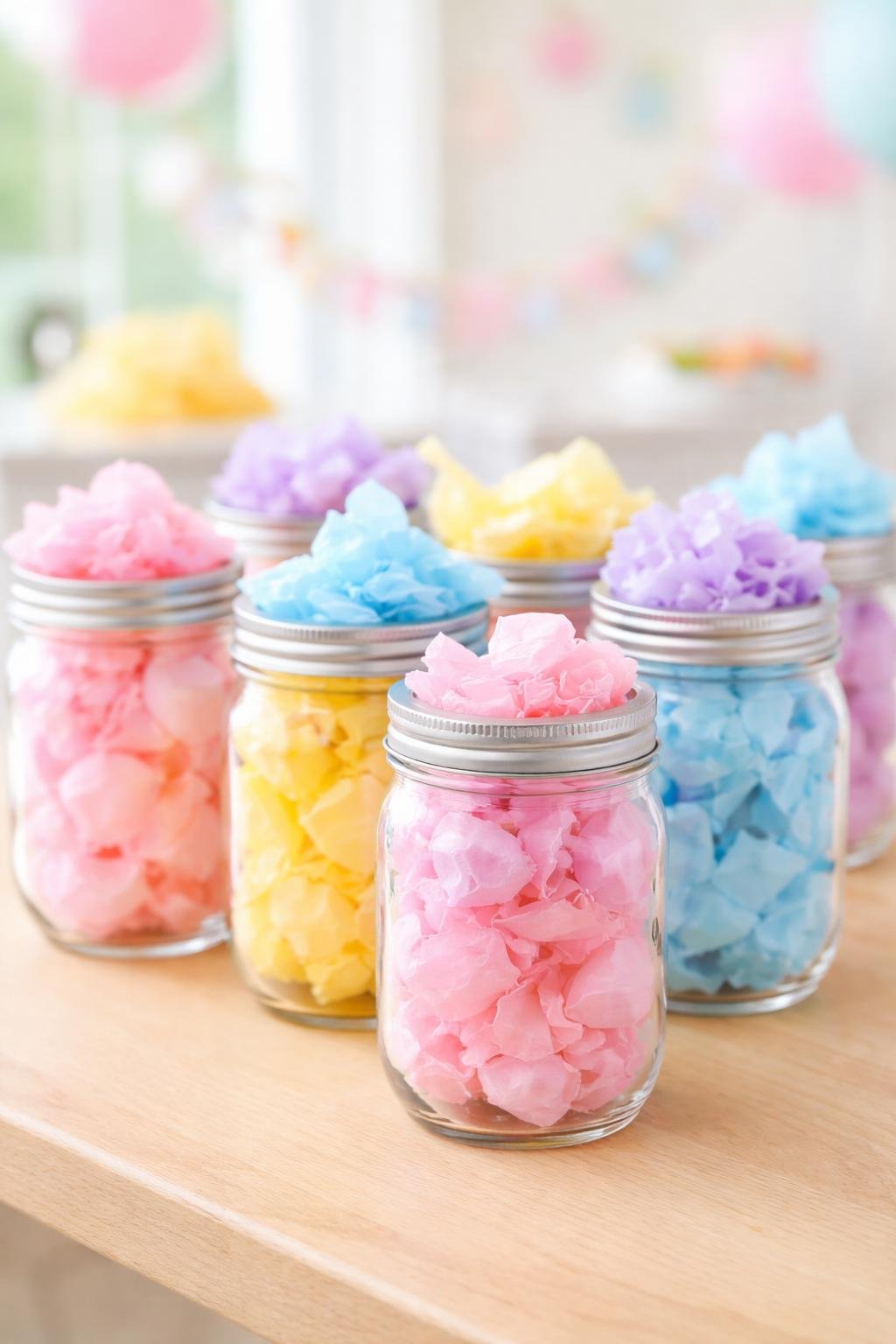 Several clear mason jars filled with colorful tissue paper arranged on a wooden table for party favors.