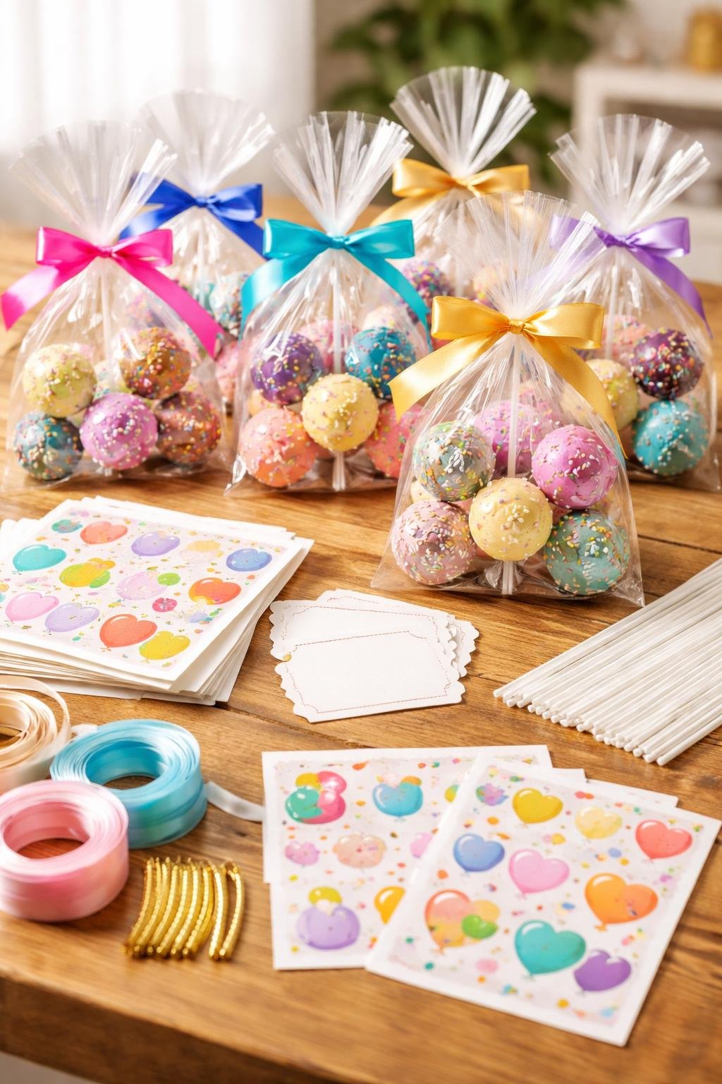A table displaying cake pops in clear bags tied with colorful ribbons, custom name cards, and decorative stickers arranged for party packaging.