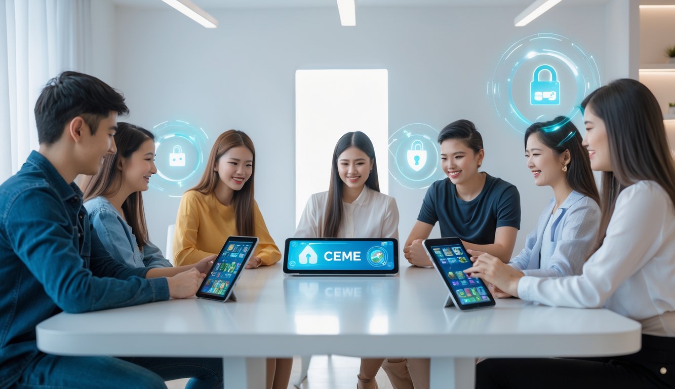 Beberapa orang muda sedang bermain permainan kartu Ceme Online menggunakan tablet dan ponsel di ruangan yang terang dan modern.