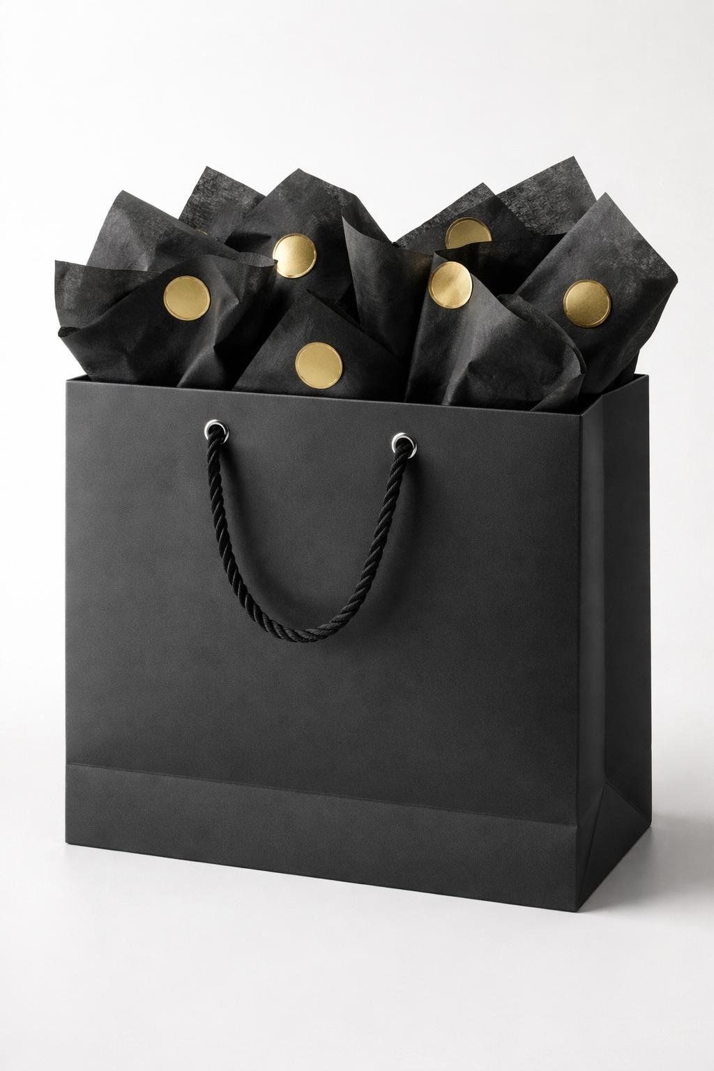 A matte Eurotote bag filled with black tissue paper sealed with gold foil stickers on a clean background.