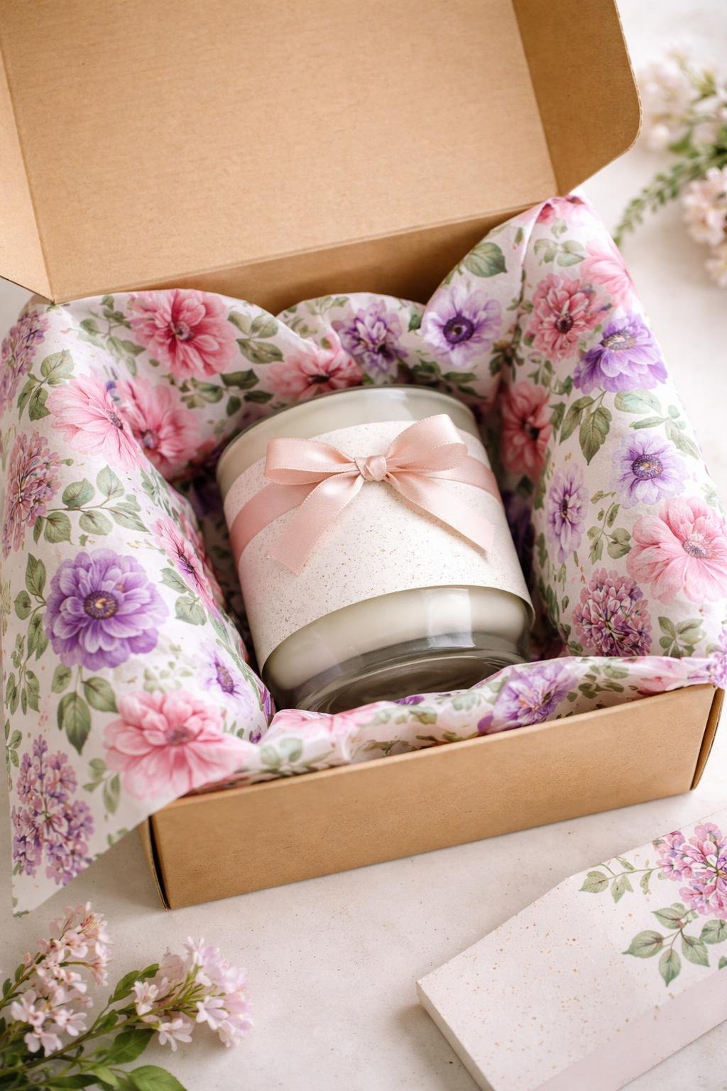 An open candle subscription box lined with colorful floral printed tissue paper and a wrapped candle inside.