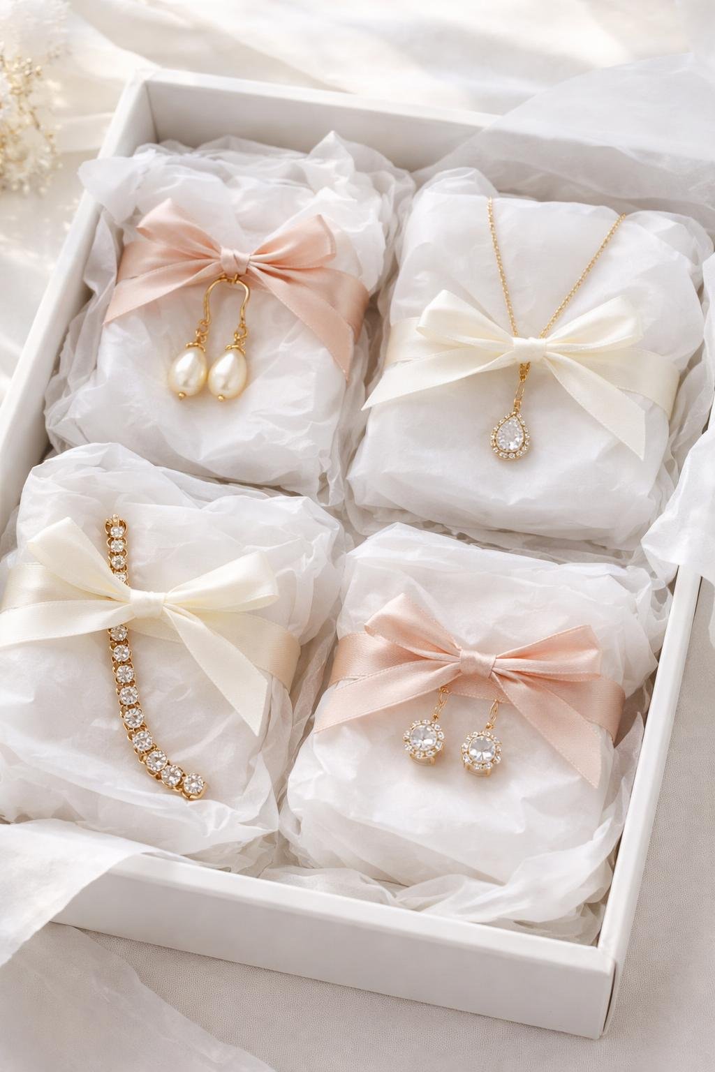 Jewelry pieces wrapped individually in white tissue paper and tied with satin ribbons arranged neatly on a bright surface.