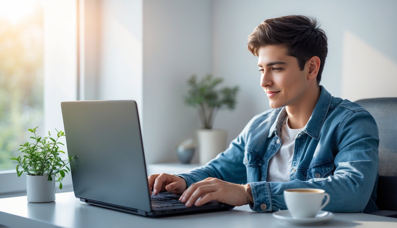 Seorang dewasa muda duduk di meja modern menggunakan laptop untuk bermain kartu online dengan suasana yang tenang dan nyaman.