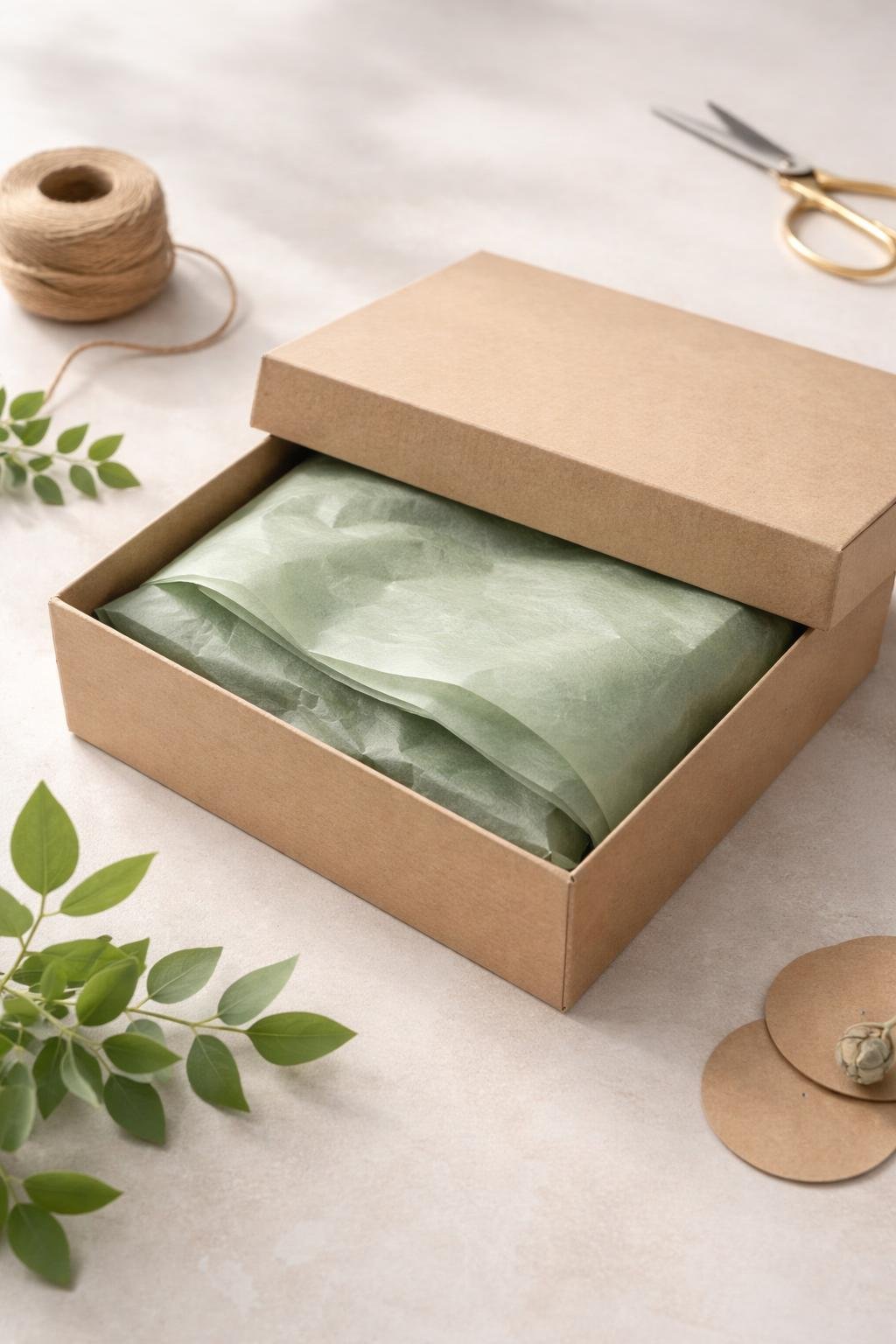A kraft gift box open to show sage green recycled tissue paper inside, with a sprig of greenery nearby on a neutral background.
