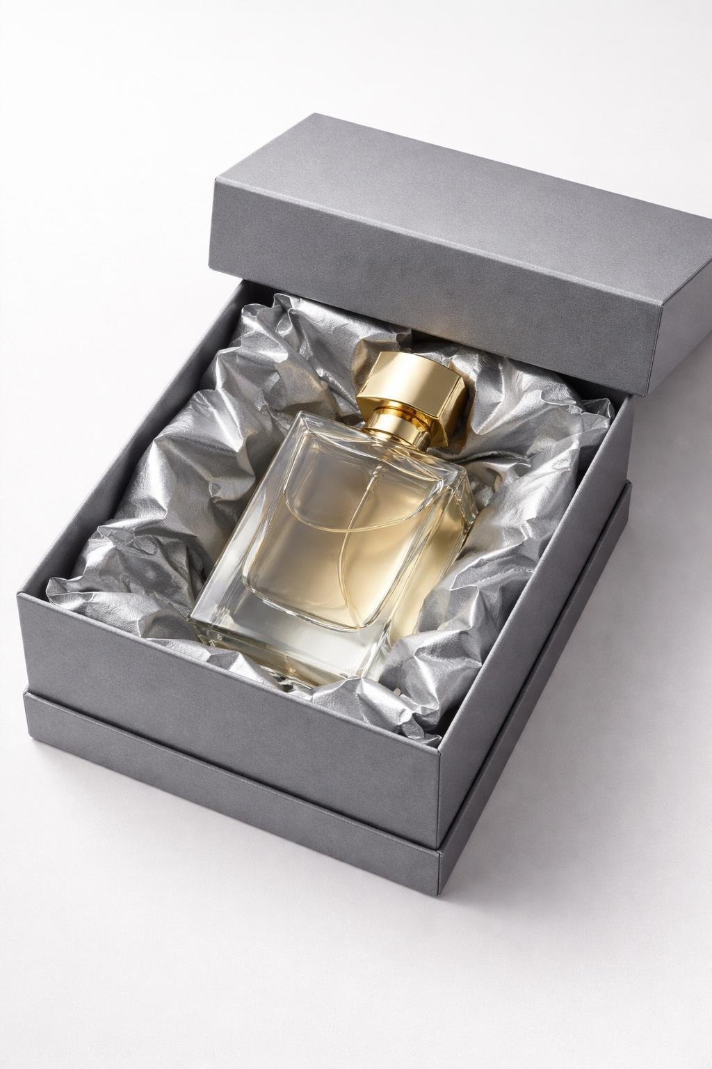 A perfume bottle inside a two-piece rigid box surrounded by metallic silver tissue paper.