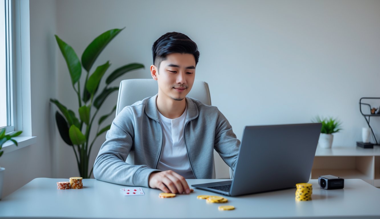 Seorang pria muda duduk di meja dengan laptop terbuka, bermain permainan online ceme di ruang kerja yang terang dan rapi.