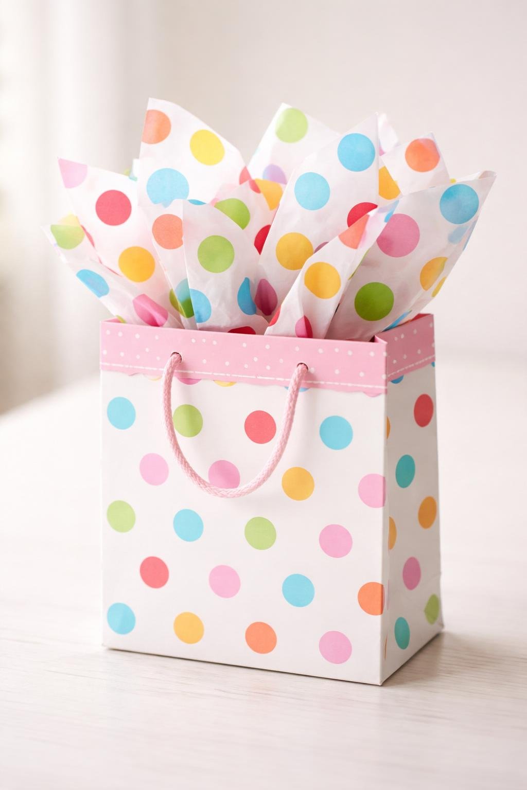 Small birthday gift bag filled with colorful polka dot tissue paper on a plain background.
