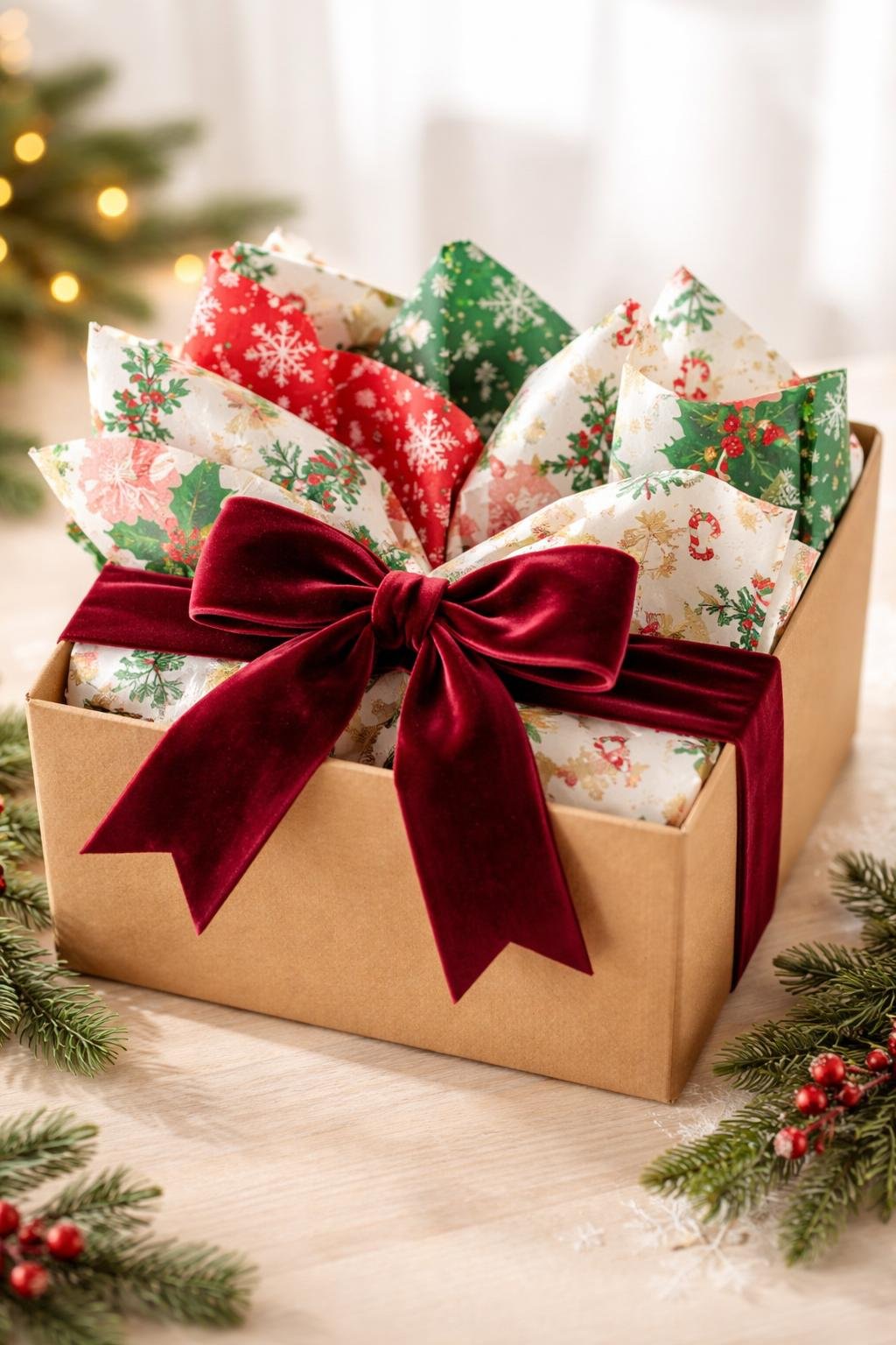 A gift box filled with colorful holiday tissue paper and topped with a pre-tied velvet bow.