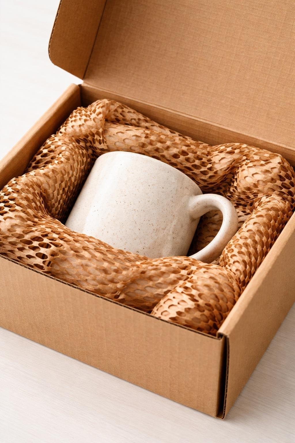 A ceramic mug wrapped in honeycomb tissue paper inside an open mailer box.