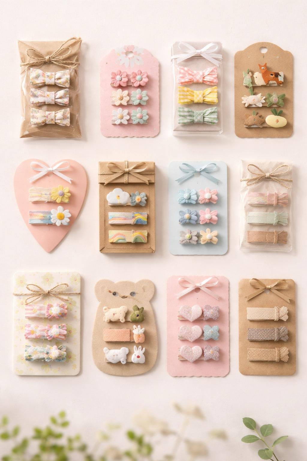 A collection of twelve different hair clip packaging designs displayed neatly on a plain background.