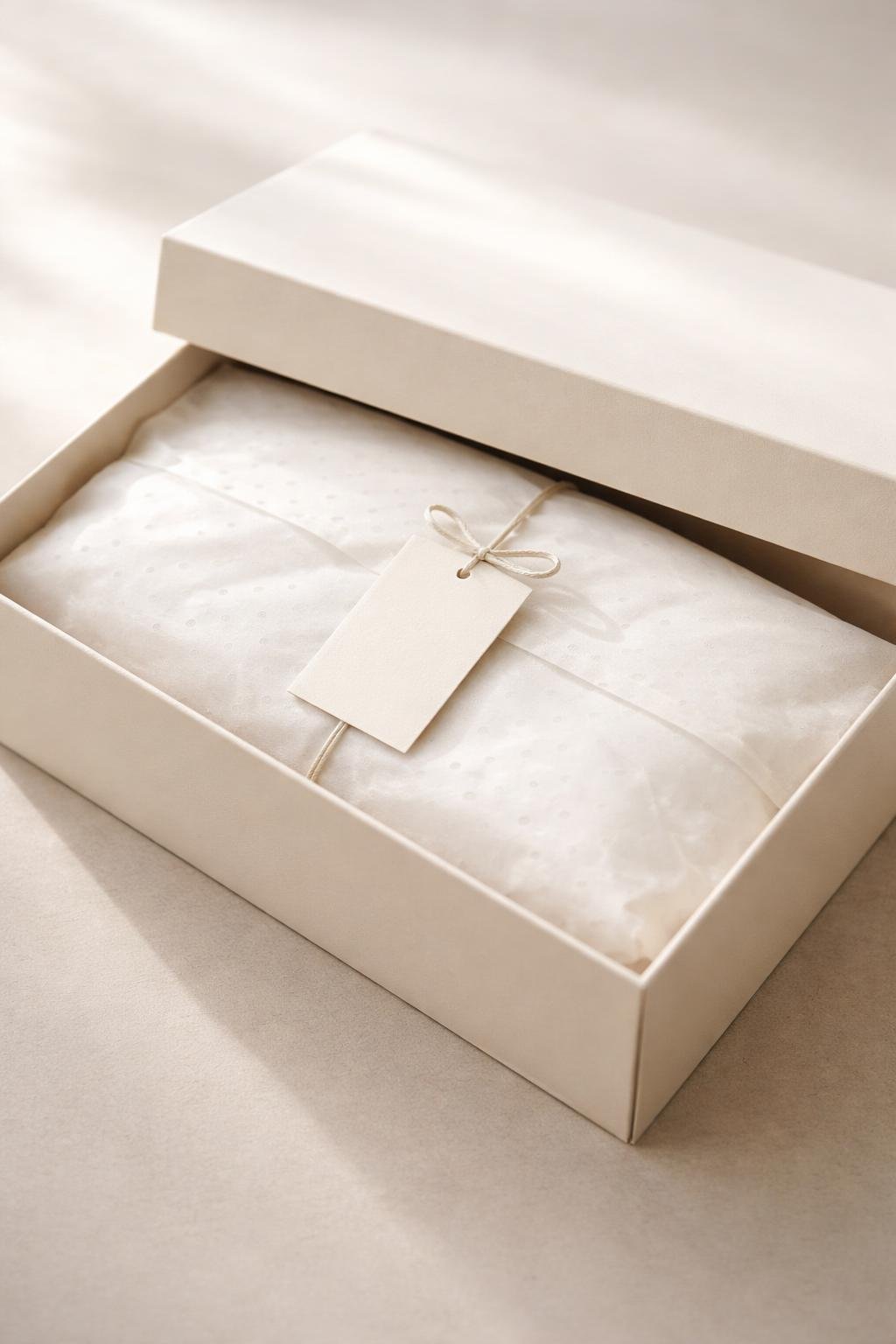 A boutique shoe box partially open with branded tissue paper sealed by a hang tag inside.