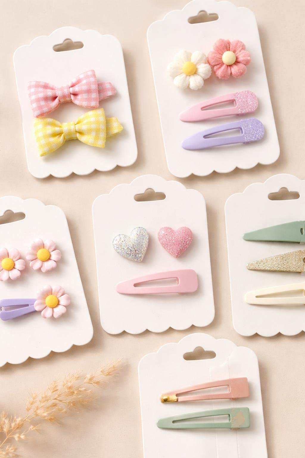 Close-up of scalloped backing cards with hanging holes holding colorful hair clips arranged on a neutral background.