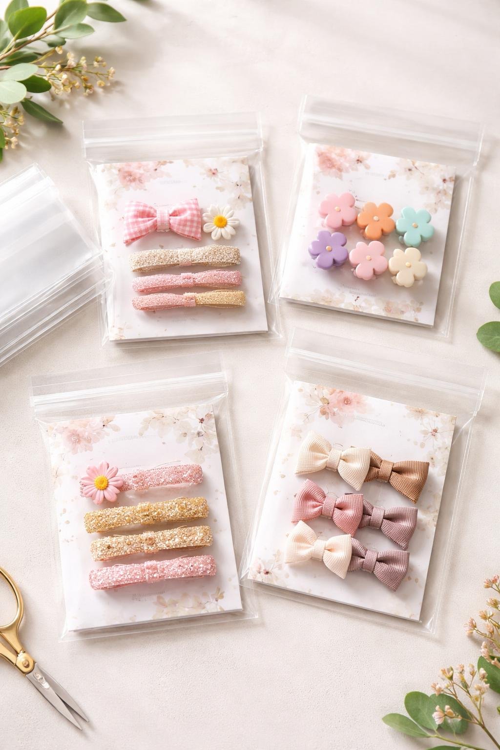 Clear cello bags containing colorful hair clips with decorative insert cards arranged neatly on a neutral surface.