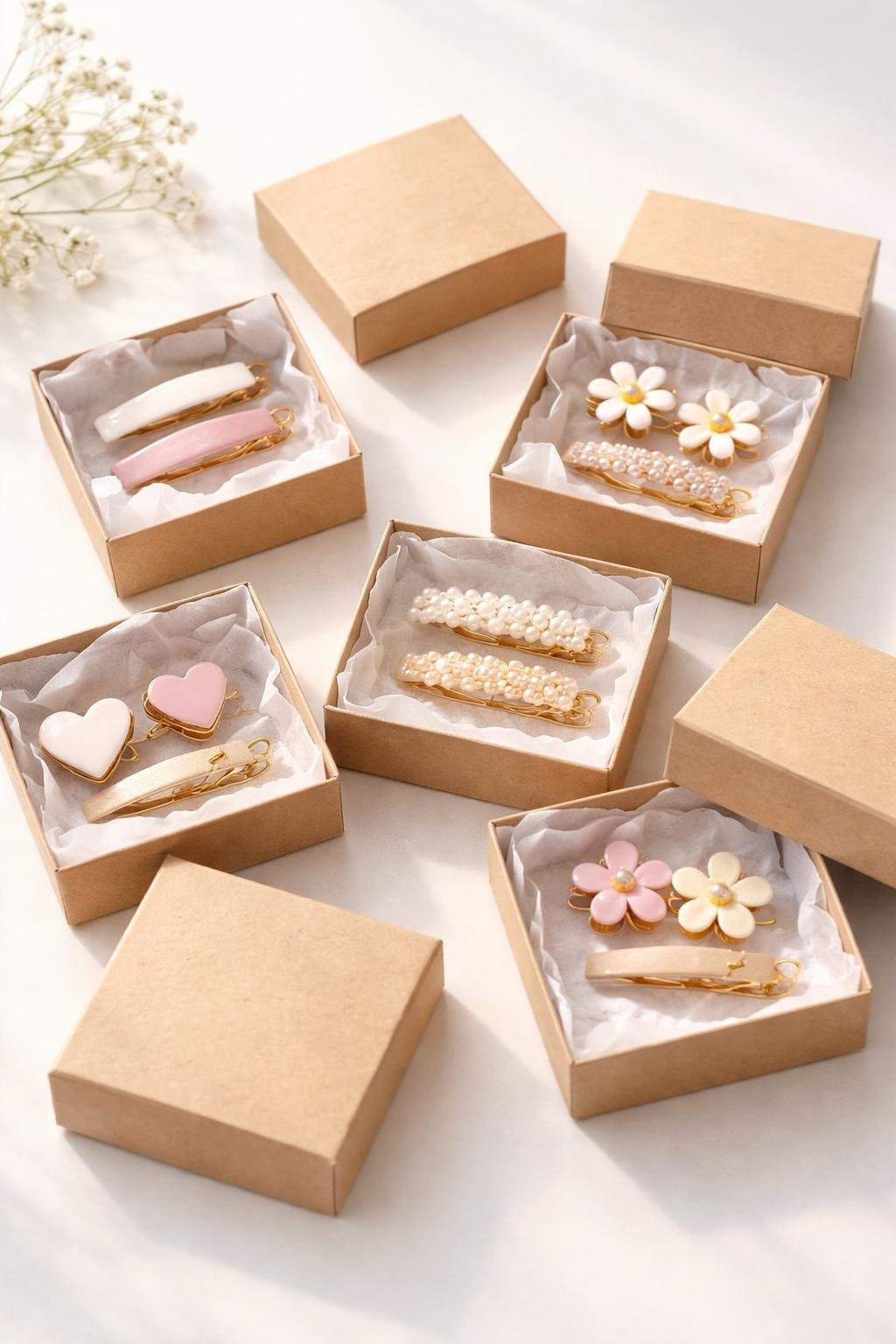 Mini kraft jewelry boxes with tissue paper containing various colorful hair clips arranged on a white surface.