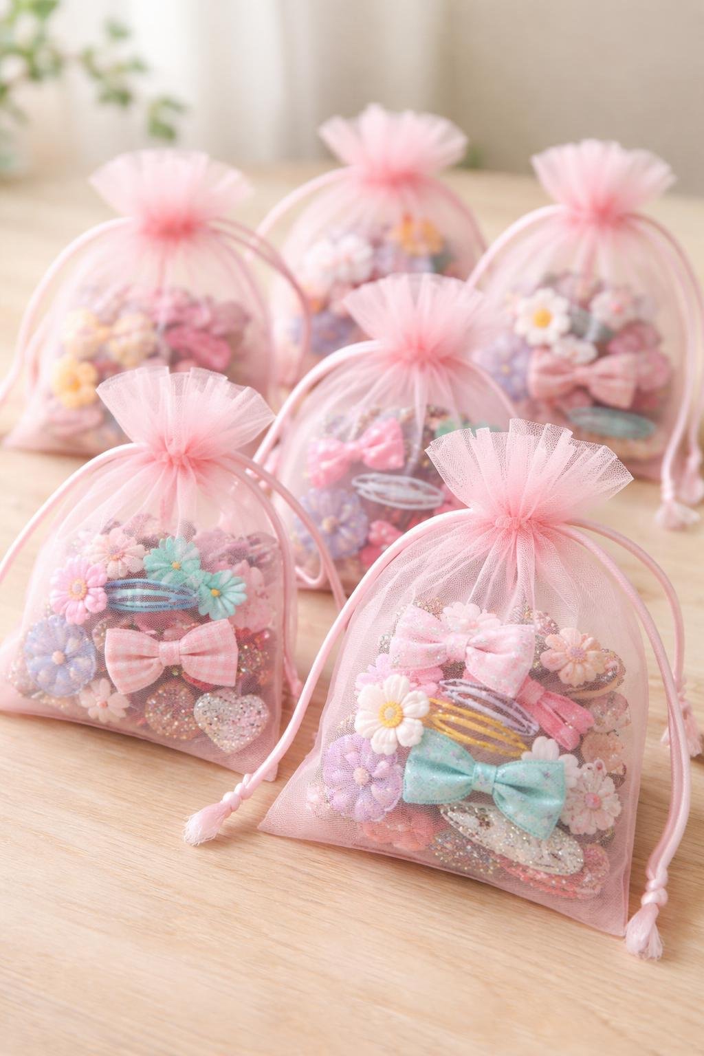 Pink organza drawstring bags filled with colorful hair clips arranged on a wooden surface.