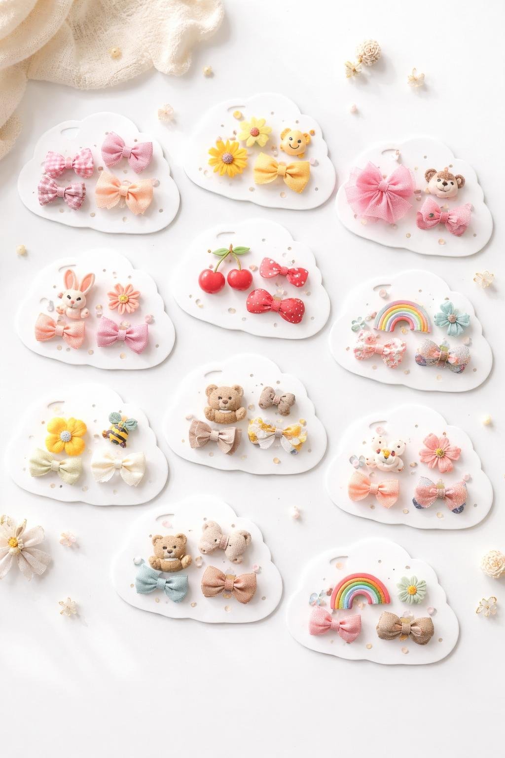A collection of cloud-shaped cards holding colorful baby and toddler hair clips arranged neatly on a bright surface.
