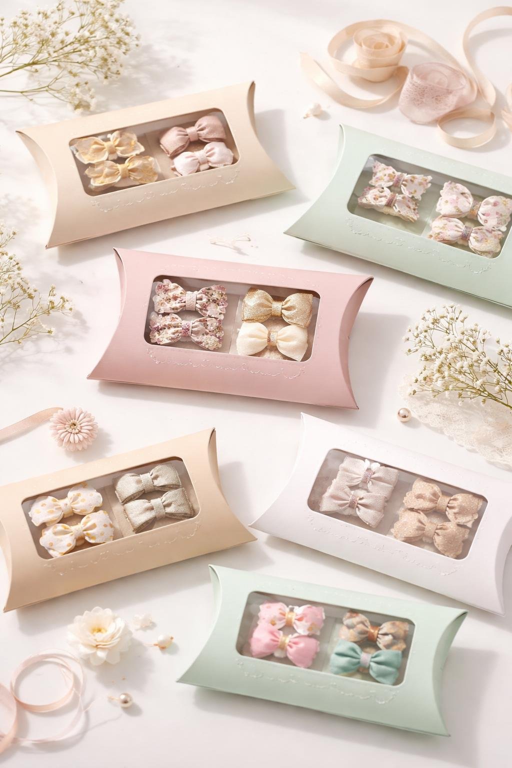 Assorted window pillow boxes displaying bow clips and barrettes arranged neatly on a white surface with decorative flowers and ribbons.