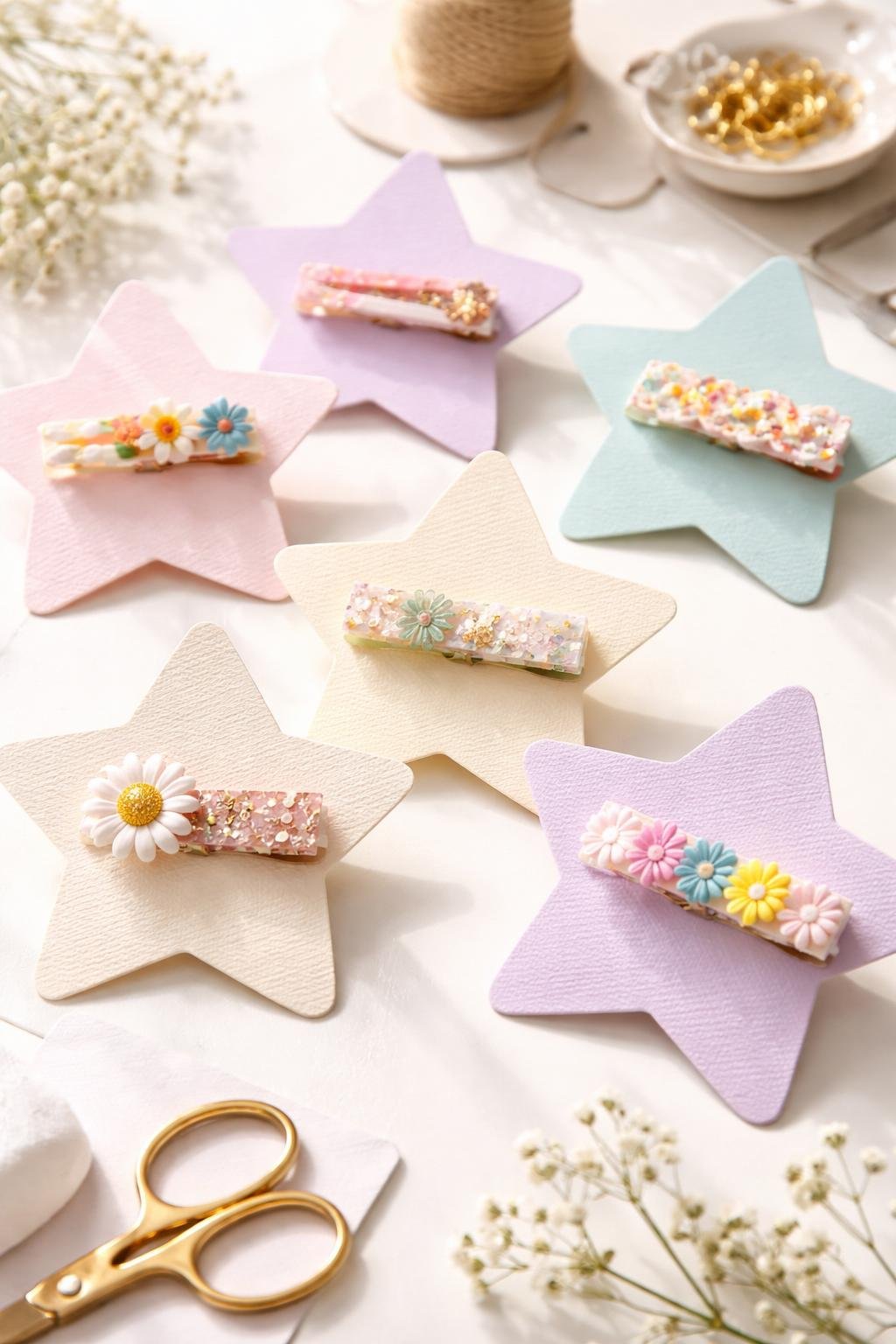 Star-shaped cards holding single colorful hair clips arranged on a white surface.