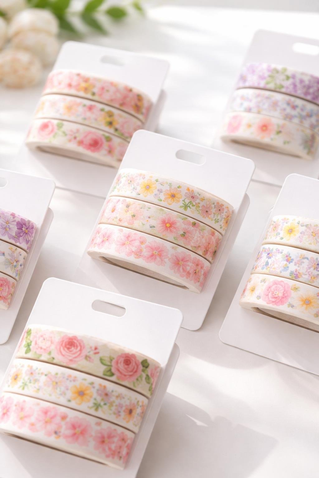 Bundles of floral patterned washi tape arranged on white display cards on a white surface.