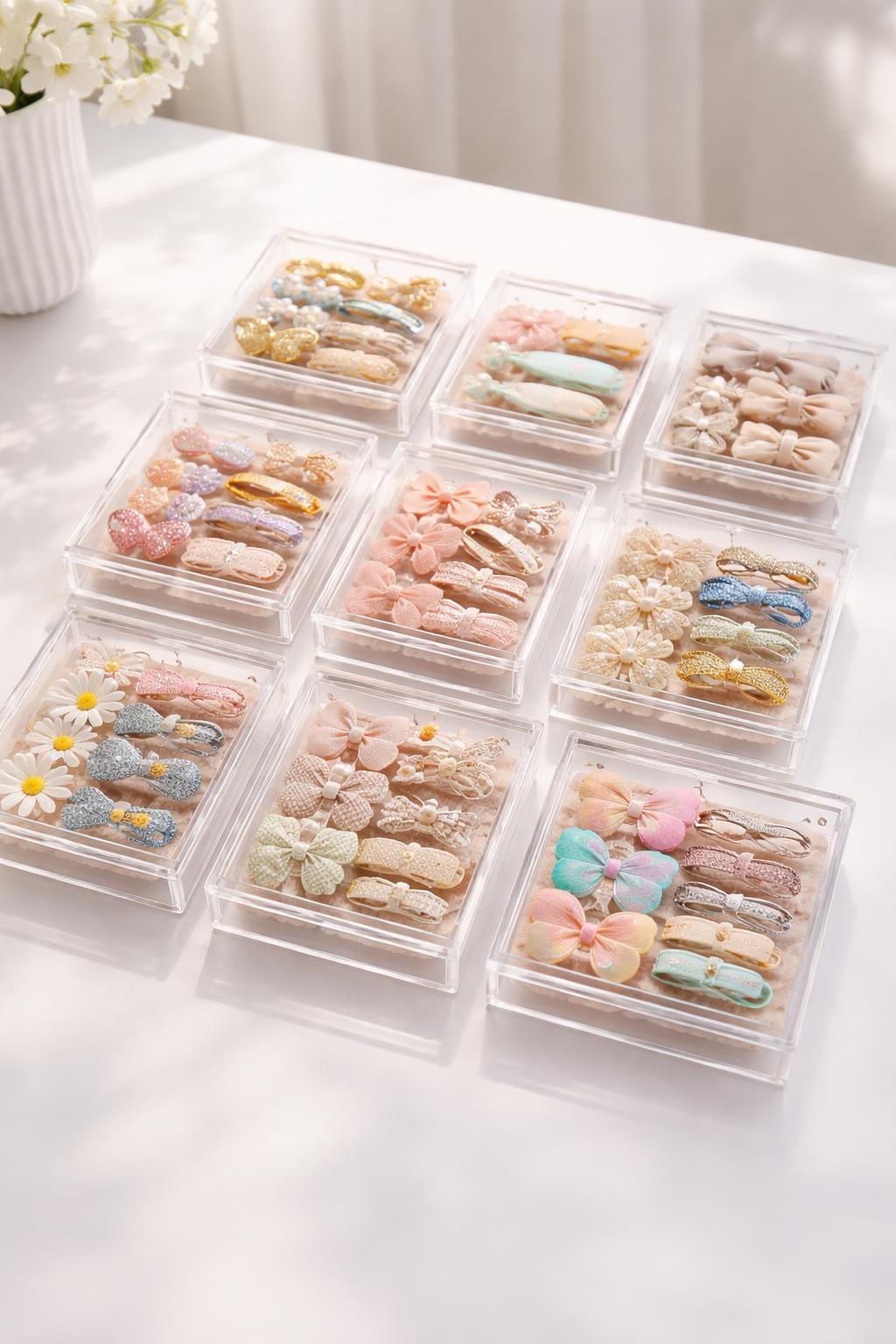 Twelve clear acrylic slide-lid gift boxes arranged on a white surface, each containing different colorful hair clips.