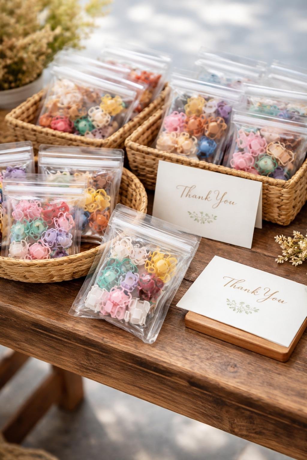 Mini zip bags filled with colorful hair clips displayed on a market stall table alongside thank-you cards.