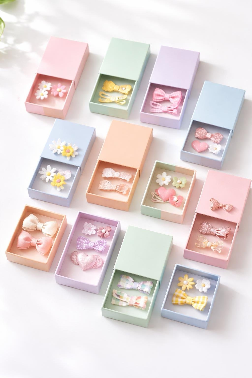 A collection of pastel-colored drawer boxes open to show handmade hair clips arranged neatly on a white surface.