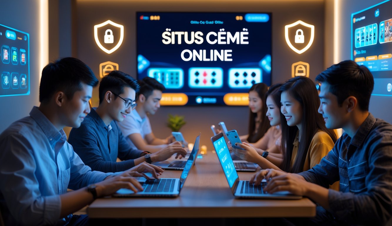 Sekelompok orang bermain permainan kartu online di laptop dan ponsel di ruangan yang nyaman dengan simbol keamanan digital di latar belakang.