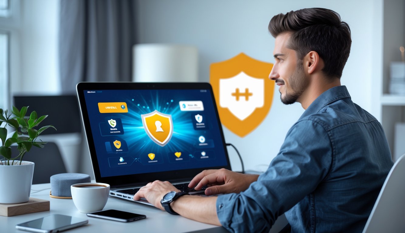 Seorang pria muda duduk di meja dengan laptop, terlihat fokus menggunakan platform permainan online di ruangan rumah yang terang dan rapi.