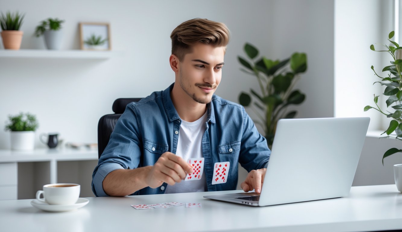 Seorang pria muda duduk di meja dengan laptop, fokus bermain permainan kartu online di ruang kerja rumah yang terang dan rapi.