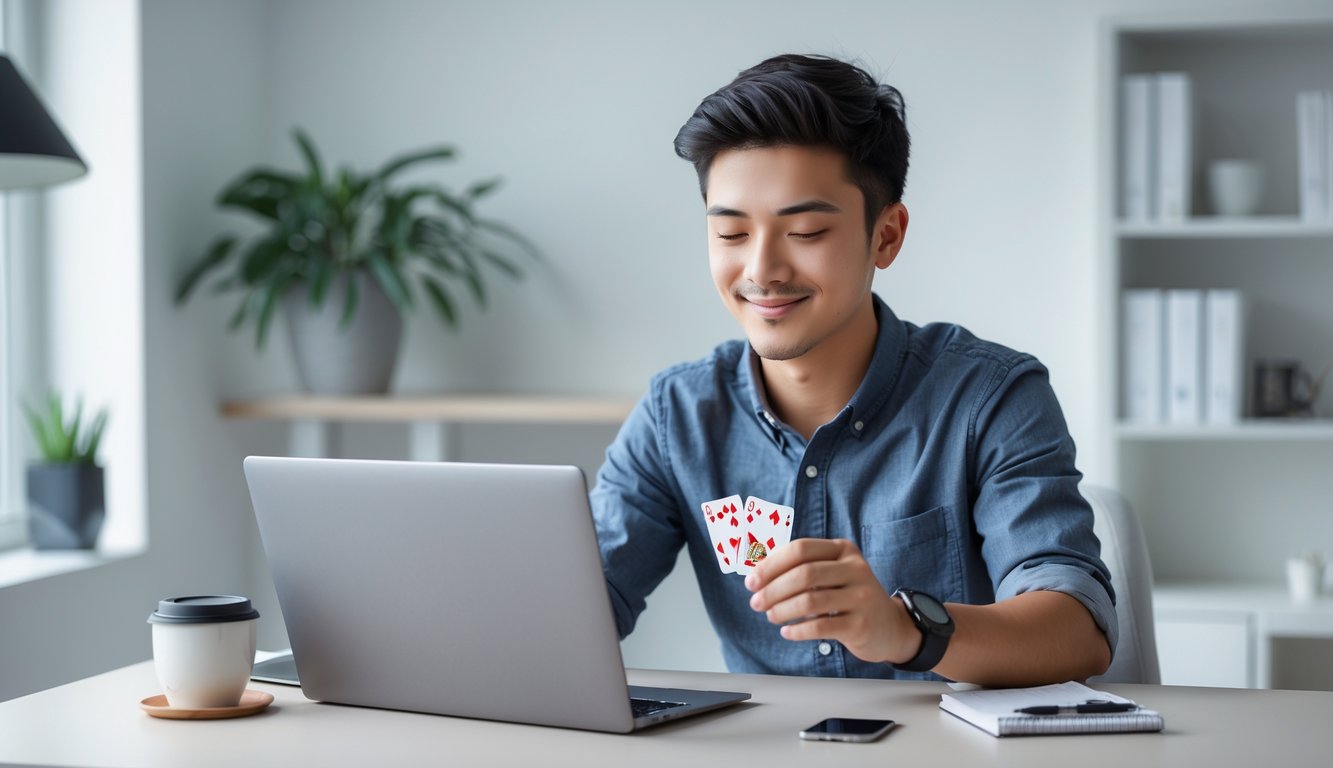 Seorang pria muda duduk di meja dengan laptop, bermain permainan kartu online di ruang kerja rumah yang rapi dan terang.