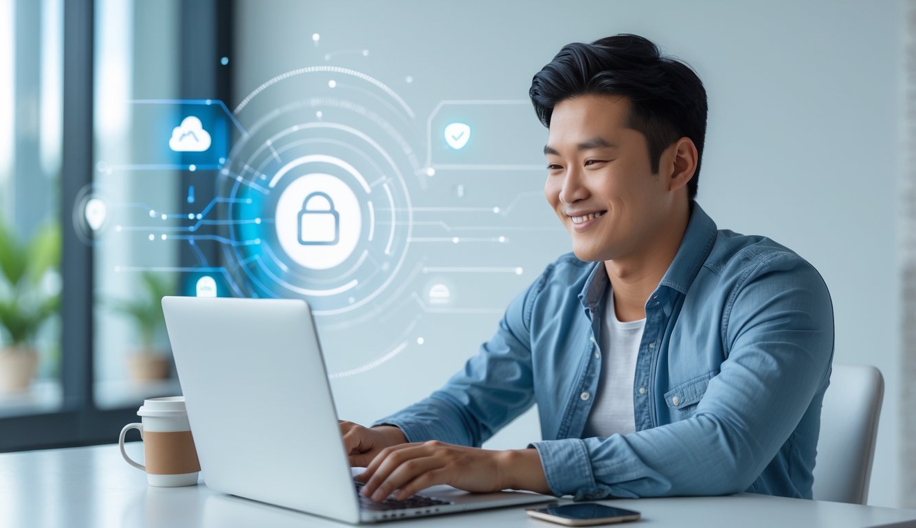 Seorang pria muda sedang menggunakan laptop di meja kerja dengan latar belakang digital yang menunjukkan keamanan dan kecepatan proses online.