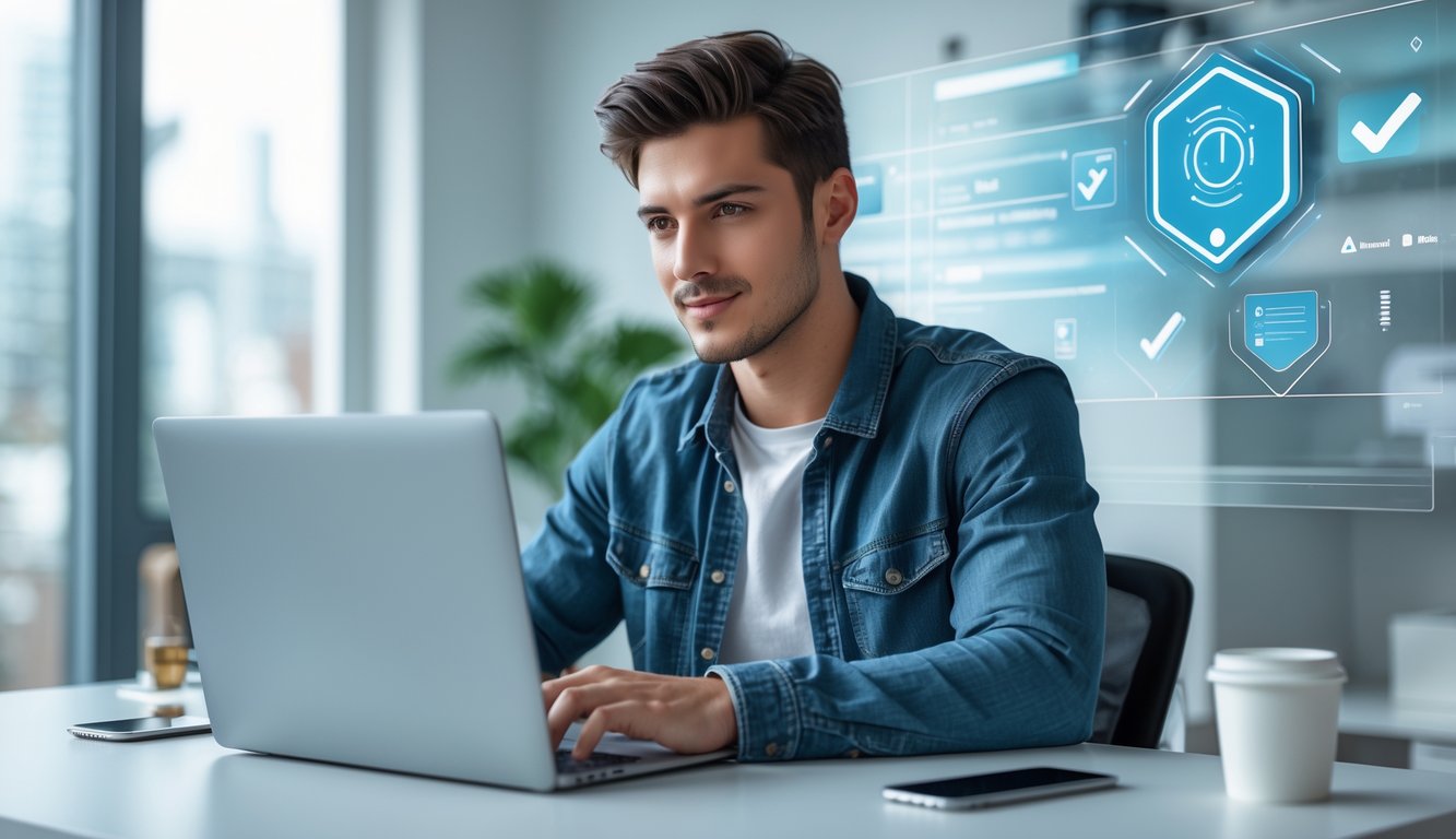 Seorang pria muda duduk di meja dengan laptop, terlihat fokus dan percaya diri di ruangan yang terang dan rapi.