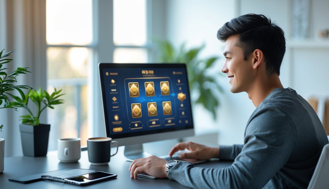 Seorang pria muda duduk di meja kerja dengan laptop, fokus bermain permainan kartu online di ruangan yang terang dan nyaman.