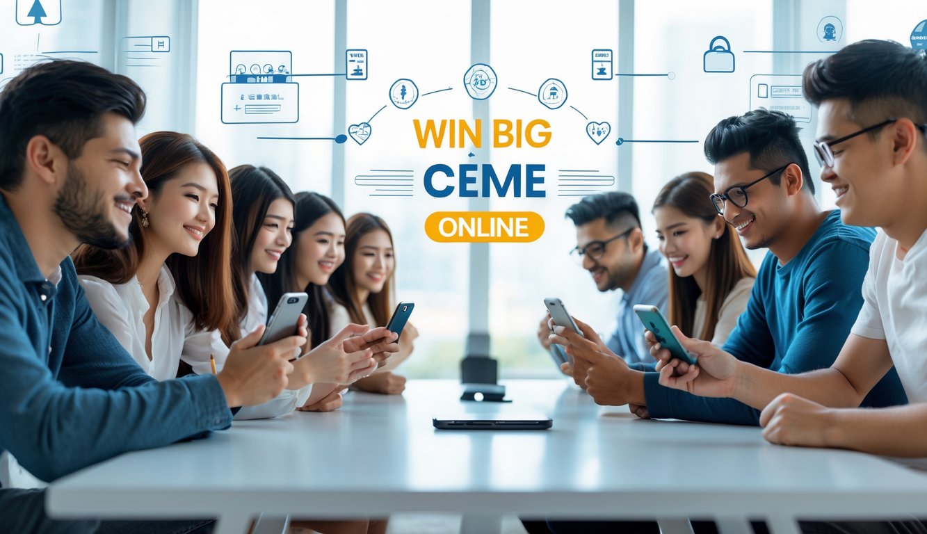 Beberapa orang muda sedang bermain permainan kartu online dengan ponsel di meja, terlihat fokus dan bersemangat.