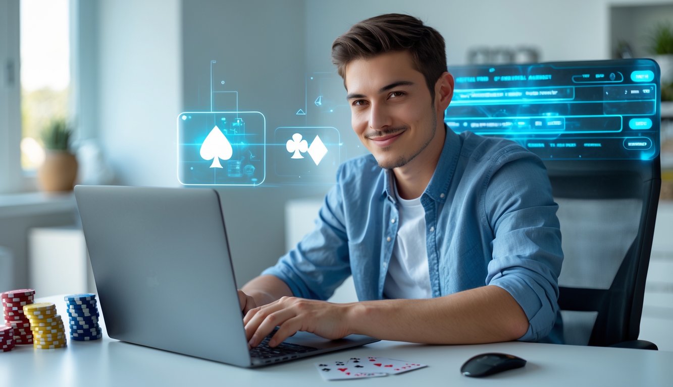 Seorang pria muda duduk di meja dengan laptop, dikelilingi elemen permainan digital seperti kartu dan chip poker, menunjukkan suasana bermain online yang tenang dan fokus.